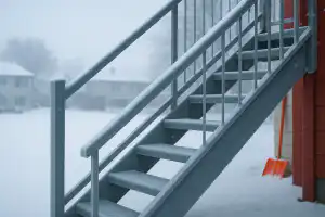 Modular Steel Construction & Prefab Steel Systems 9 Close-up of a steel staircase covered in snow and frost outside a building during winter in Canada with a red snow shovel nearby
