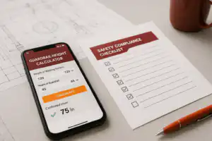 Modular Steel Construction & Prefab Steel Systems 5 Smartphone displaying a guardrail height calculator alongside a safety compliance checklist on a desk with construction blueprints, highlighting work platform guardrail height requirements in Canada.