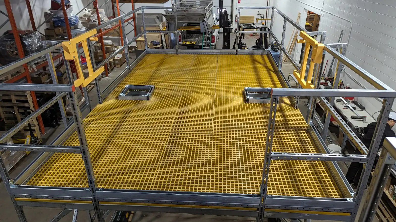 Mechano Max modular utility walkway system pre-built in Calgary shop before site installation — bolt-together access walkway